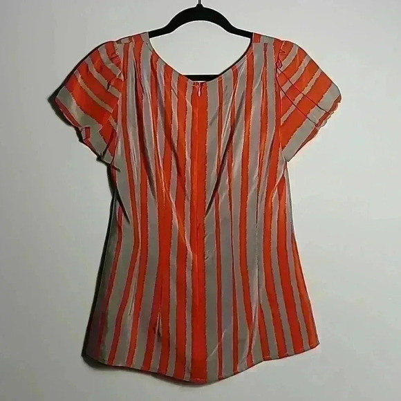 Nanette Lepore Grey/Orange Striped 100% Silk Short Sleeve Top Size 8 - Picture 7 of 12